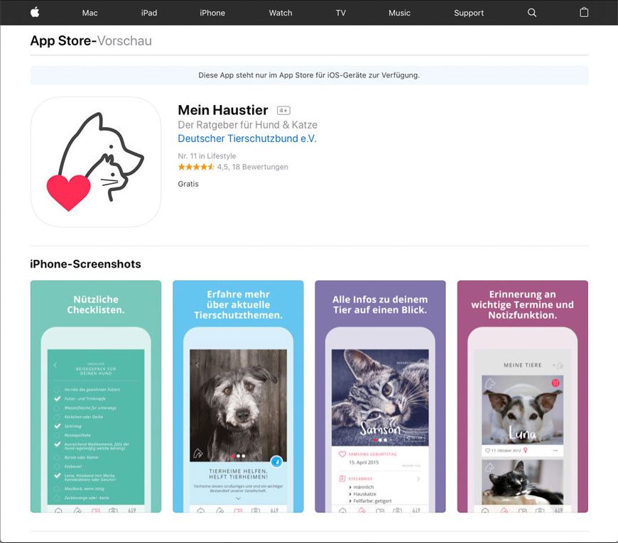 Frese & Wolff Werbeagentur, Foto von der App für den Deutschen Tierschutzbund im Apple Appstore