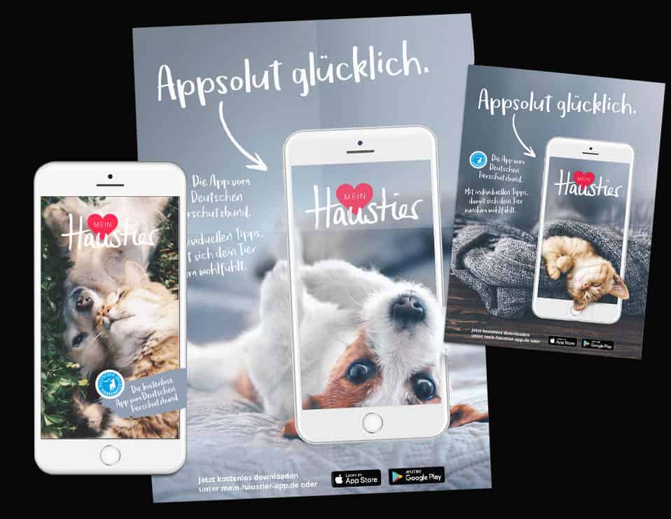 Von der Werbeagentur Frese & Wolff entwickelte Haustier-App für den deutschen Tierschutzbund, zu sehen sind Hunde und Katzen in niedlichen Positionen
