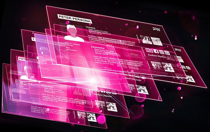 Werbeagentur Frese & Wolff, magentafarbene Grafik die verschiedene Personas als überlagerte Bilder zeigt