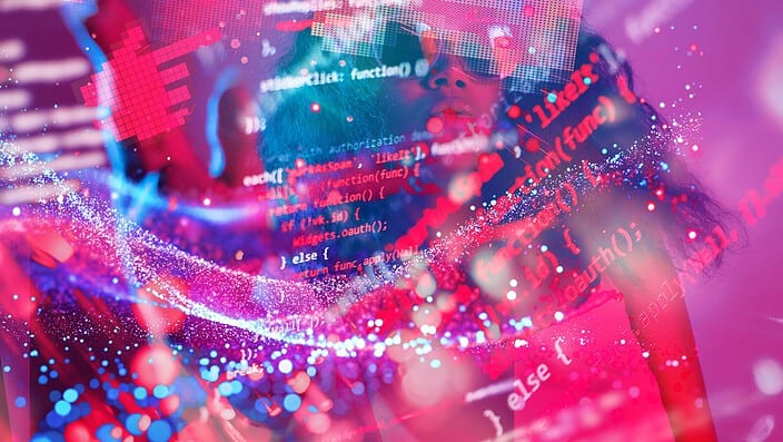 Frese & Wolff Werbeagentur magentafarbene Grafik, die Schriften und Icons für den Bereich Onlone Marketing zeigt