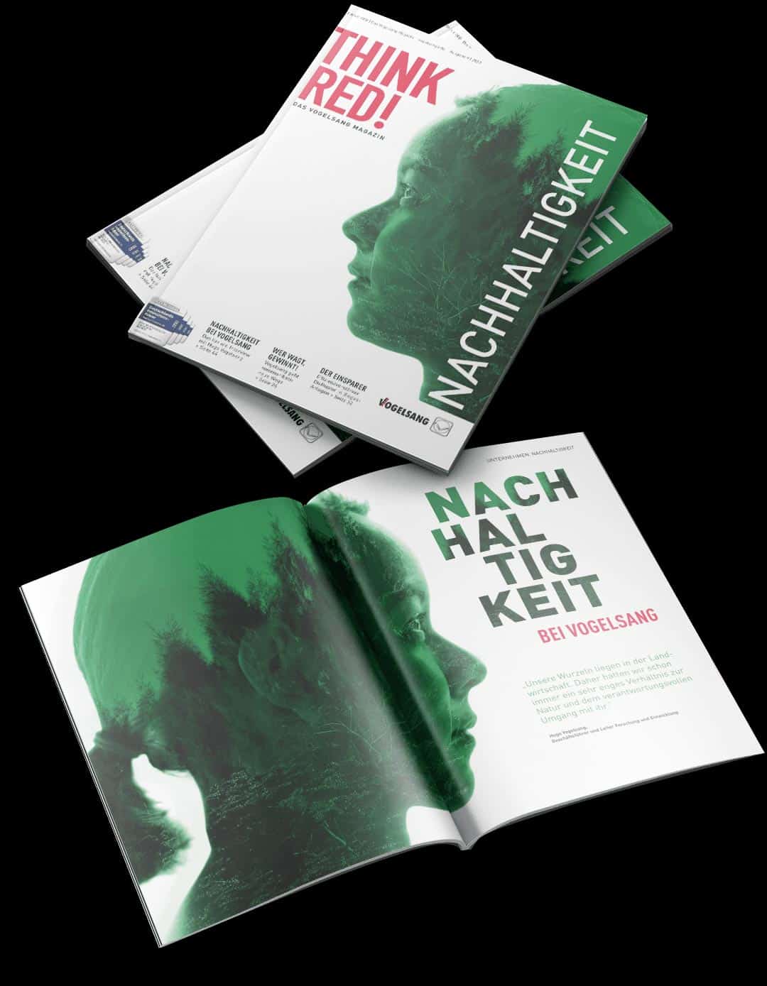 Von der Firma Frese & Wolff erstelltes Mitarbeitermagazin für das Unternehmen Vogelsang, das einen grünen Frauenkopf auf dem Titel zeigt