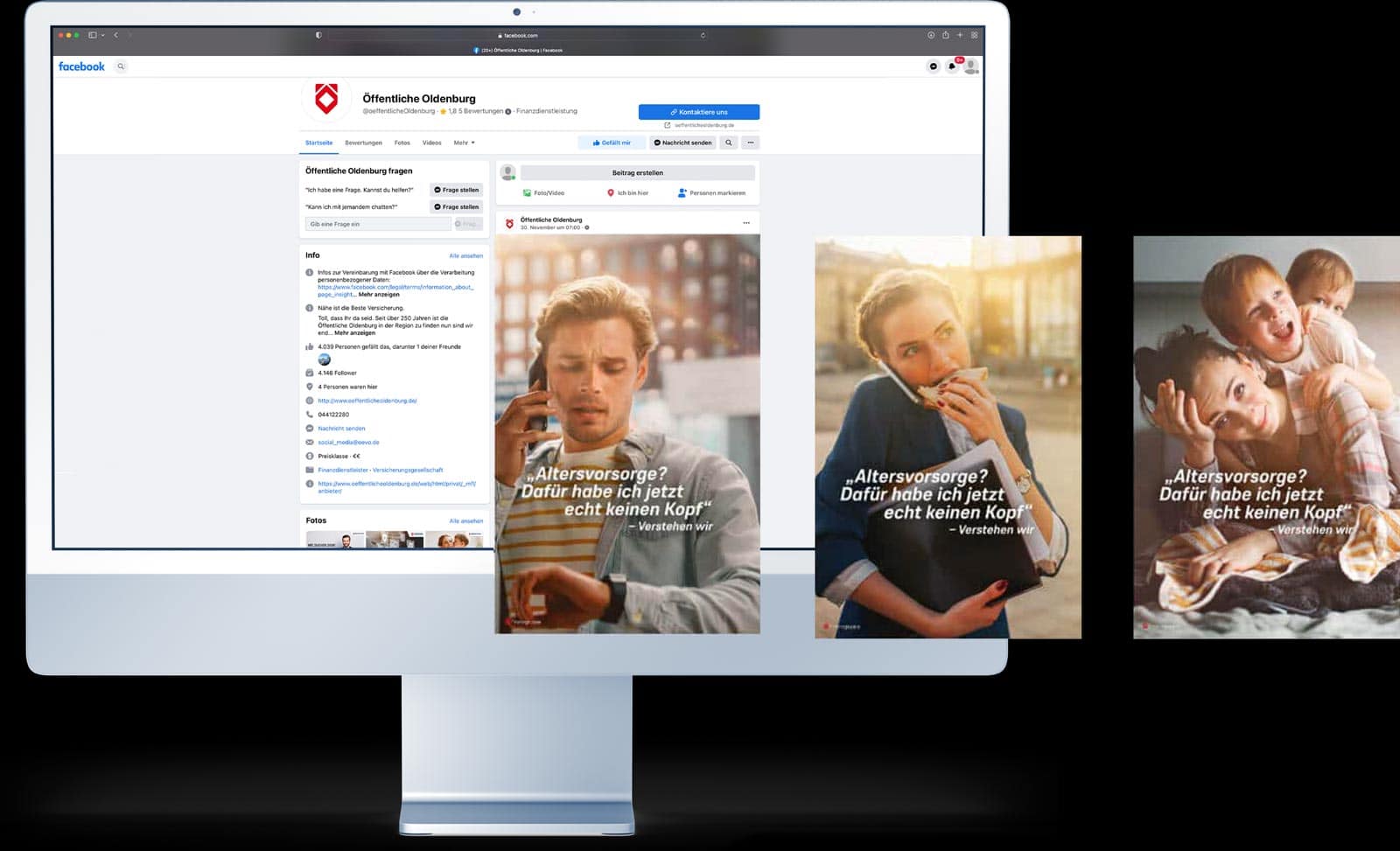 Werbeagentur Frese & Wolff, Grafik, die einen Screenshot mit drei Social Ads zum Thema Altersvorsorge zeigt