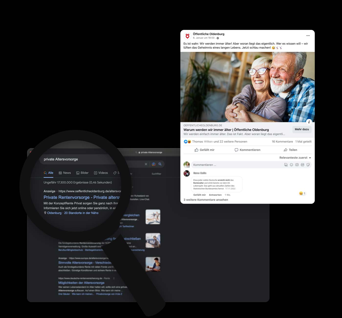 Werbeagentur Frese & Wolff, Grafik, die einen Screenshot von einer Google Ad zum Thema Altersvorsorge zeigt