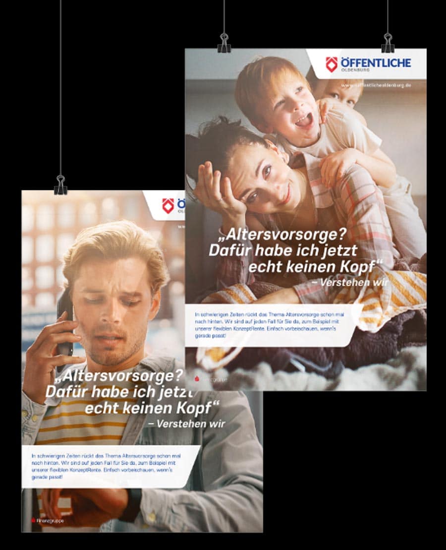 Werbeagentur Frese & Wolff, Grafik, die zwei Plakate zum Thema Altersvorsorge zeigen