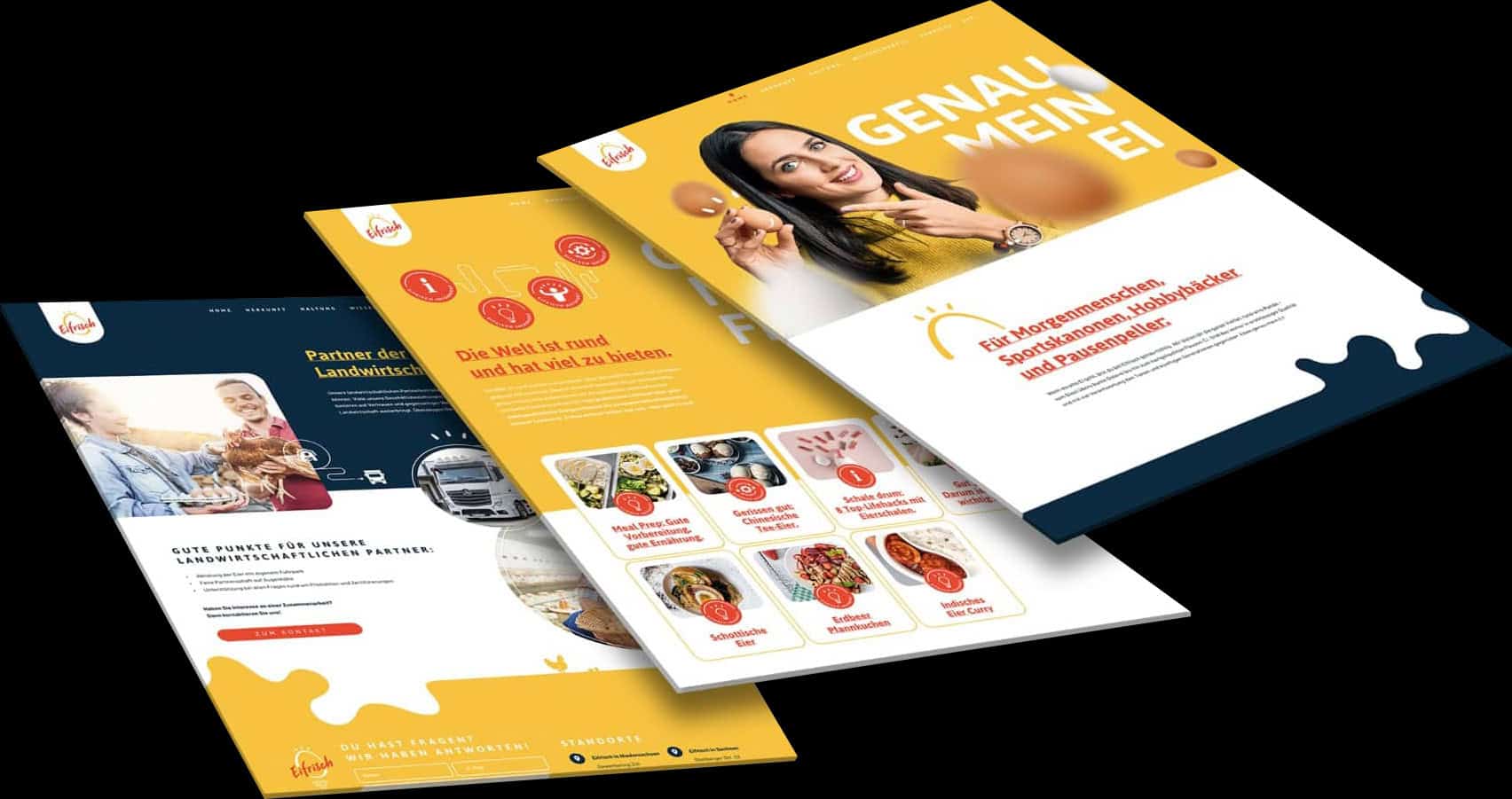 Von der Werbeagentur Frese & Wolff entwickeltes Webseiten Design für die Firma Eifrisch mit einer jungen Frau drauf, die auf ein Ei zeigt