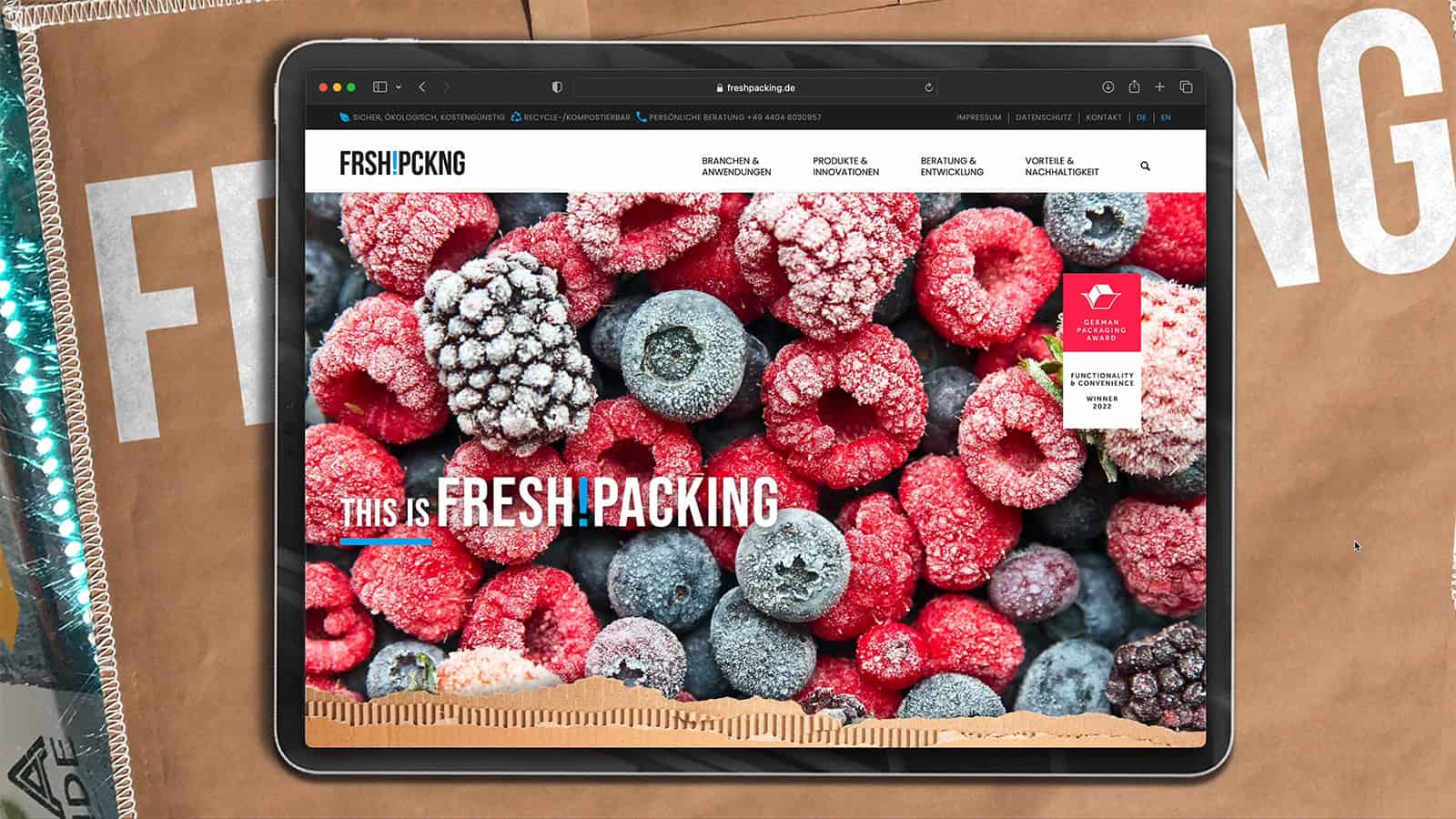 Frese & Wolff Werbeagentur, Screenshot der Webseite von Fresh!Packing, worauf gefrorene Früchte zu sehen sind