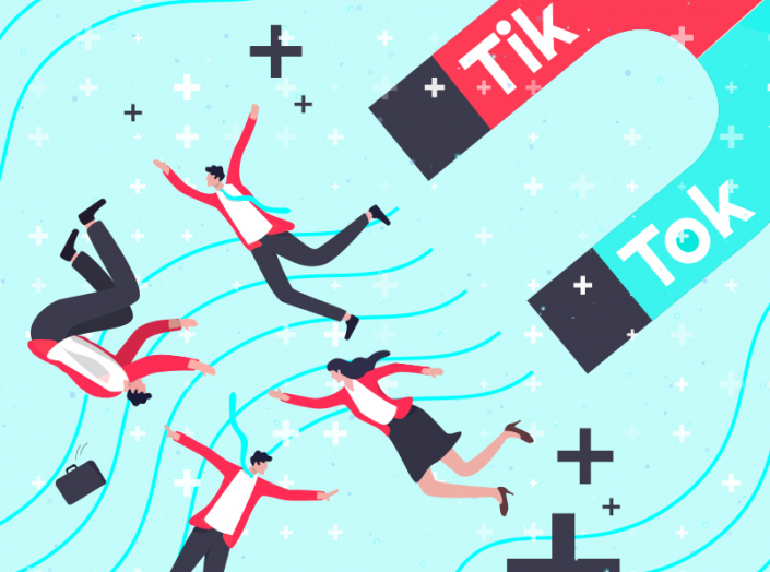 TikTok Illustration mit fliegenden Menschen und einem Magnet