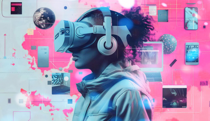 Werbeagentur Frese & Wolff, Grafik einer Frau mit einer Virtual Reality-Brille auf dem Kopf