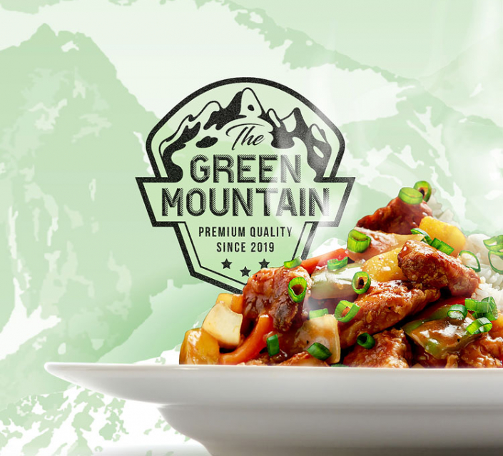 Werbeagentur Frese & Wolff, Grafik mit dem Logo der Veggiemarke Gren-Mountain und einem Teller mit Reis und Veggiefglelisch