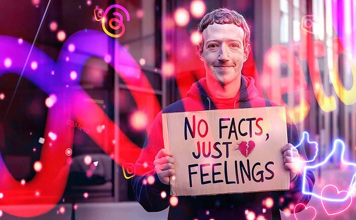 Werbeagentur Frese & Wolff, magentafarbene Grafik, die MArk Zuckerberg zeigt, der ein Schild mit dem Schriftzug "No Facts just Feelings" hält