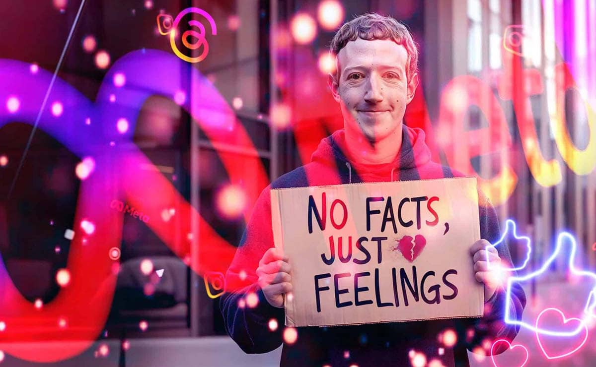 Werbeagentur Frese & Wolff, magentafarbene Grafik, die MArk Zuckerberg zeigt, der ein Schild mit dem Schriftzug "No Facts just Feelings" hält
