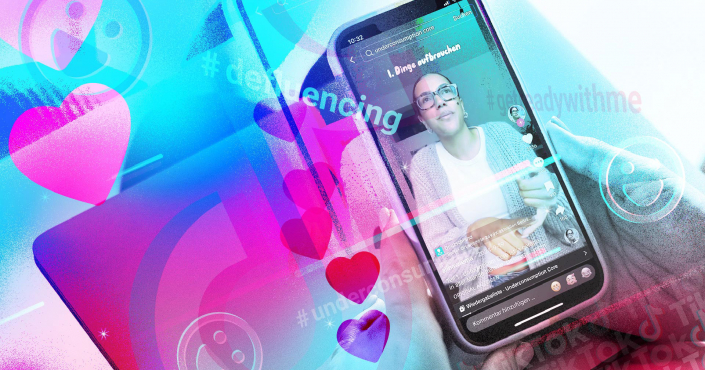 TikTok-Video mit Frau, Hashtags wie #defluencing und #underconsumption im Bild