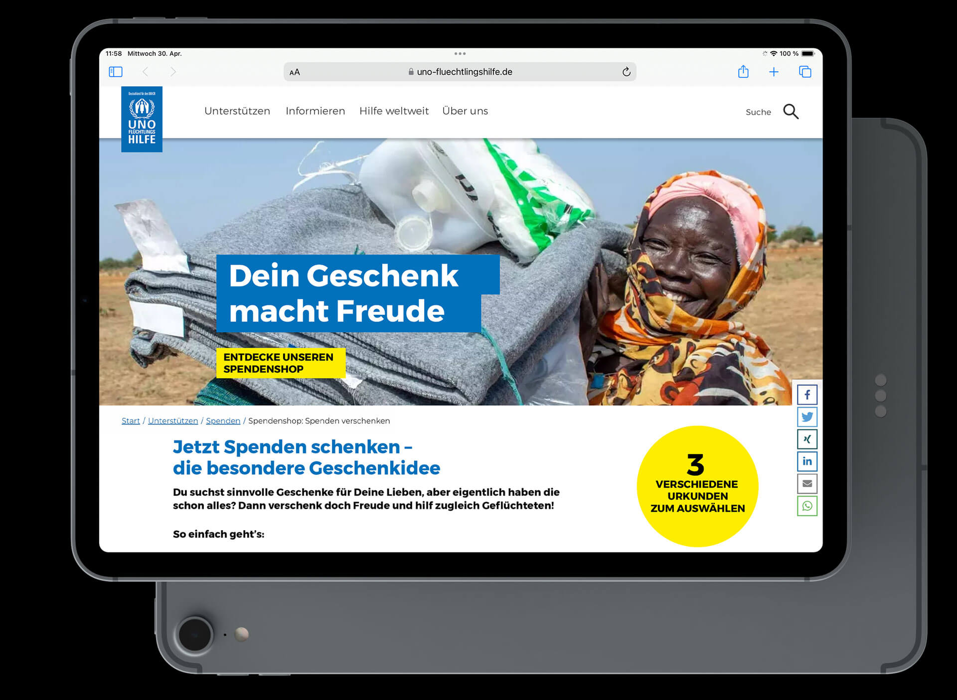 UNO Flüchtlingshilfe Newsletter "Spendenshop"