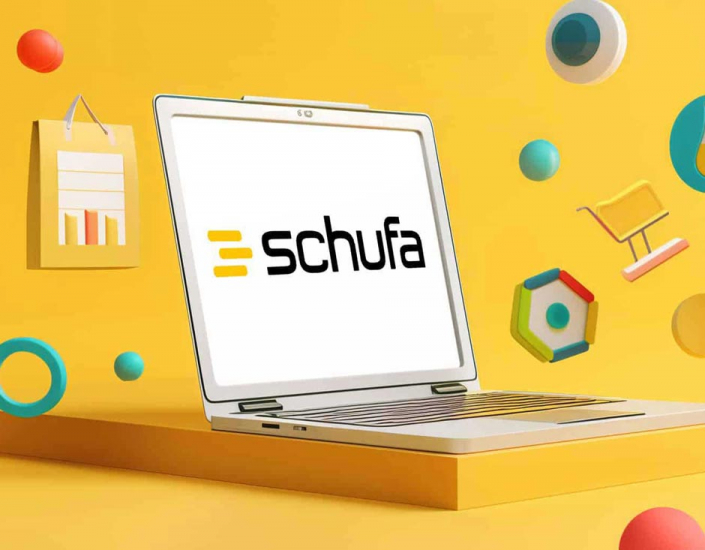 Frese & Wolff Werbeagentur, grafisches Element, zu sehen ist ein geöffnetes Laptop auf dem der Schriftzug "Schufa" zu lesen ist, alles in Megantatönen gehalten