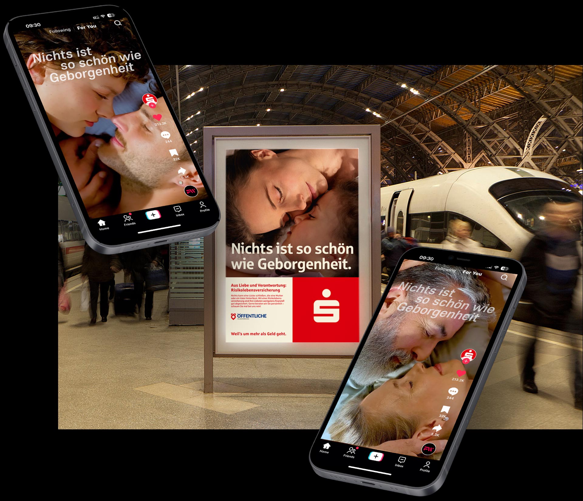 FFrese & Wolff Werbeagentur, Foto von den Social Media-Ads für die Sparkassen Finanzgruppe, zu sehen sind Menschen, die sich mit den Gesichtern ganz nah kommen, dazu der Text "nichts ist so schön wie Geborgenheit"