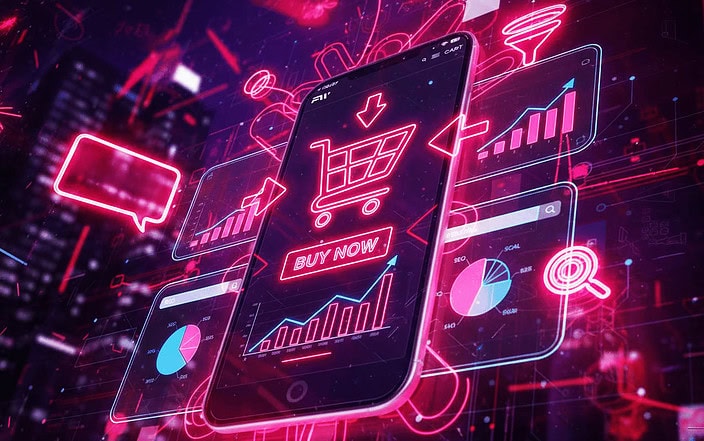 Frese & Wolff Werbeagentur, grafisches Element, dass ein Smartphone mit einem Einkaufwagen drauf zeigt als Sinnbild für den Bereich Onlinemarketing