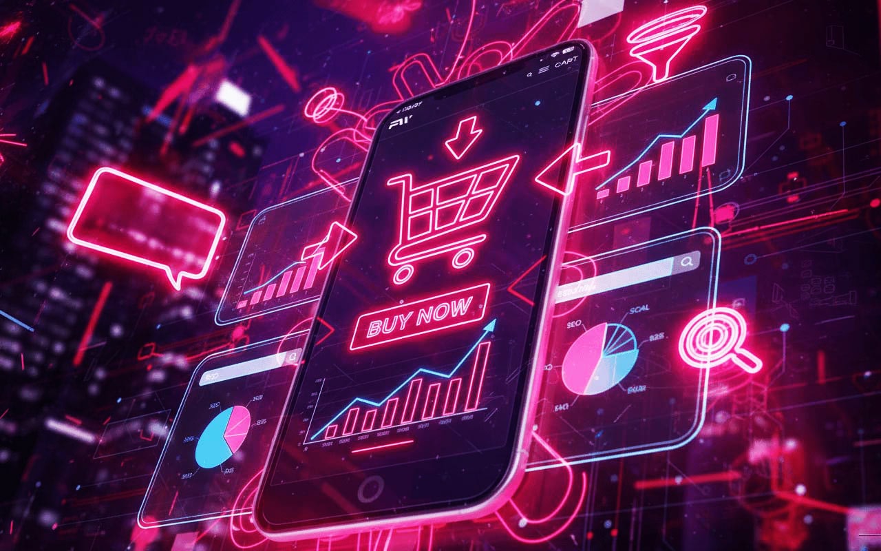 Frese & Wolff Werbeagentur, grafisches Element, dass ein Smartphone mit einem Einkaufwagen drauf zeigt als Sinnbild für den Bereich Onlinemarketing
