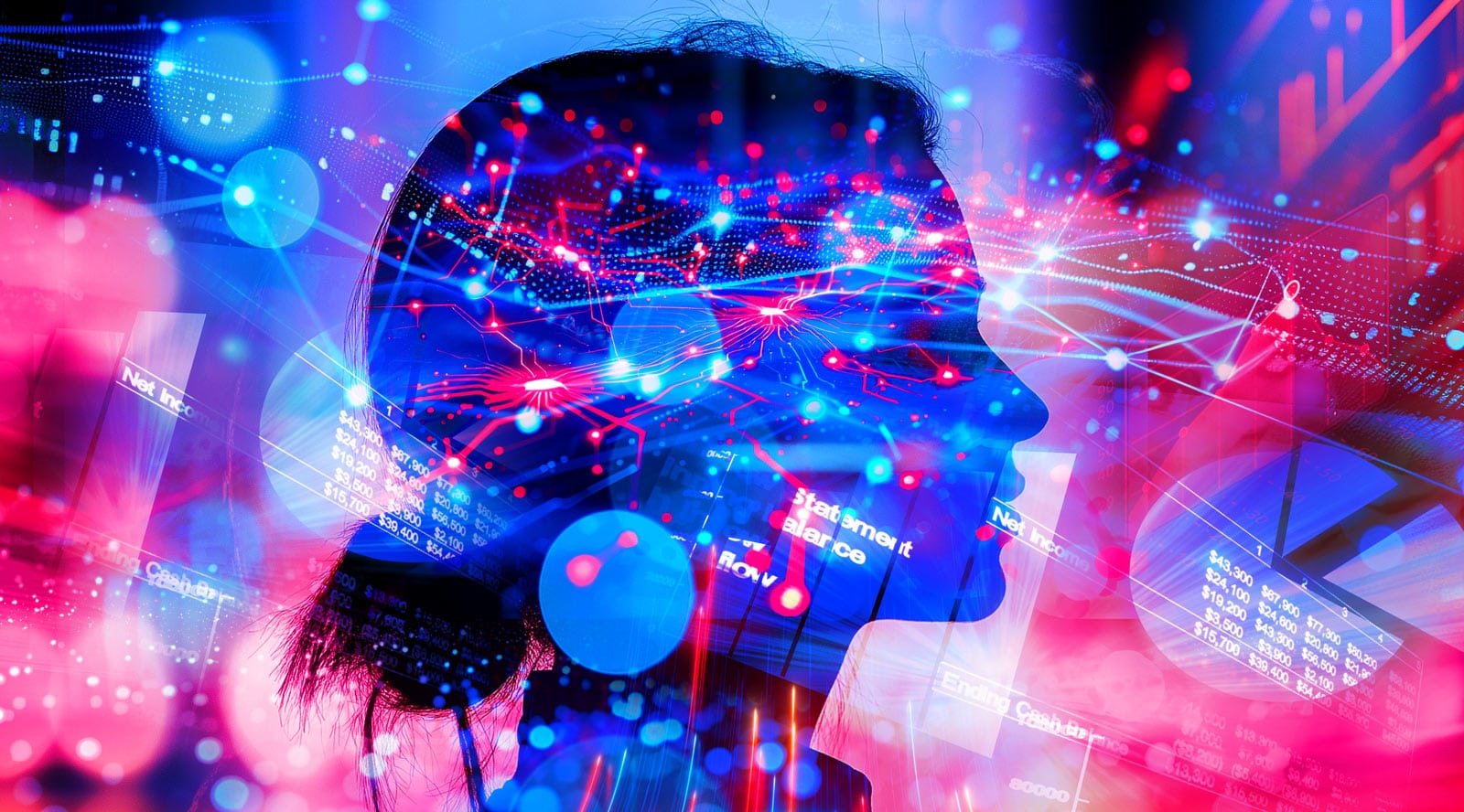 Futuristisches Keyvisual einer Silhouette im Profil mit digital leuchtendem Netzwerk im Kopf, umgeben von Datenströmen, Diagrammen, Lichtreflexen und Bokeh-Effekten, symbolisch für künstliche Intelligenz im Marketing. Frese & Woff Werbeagentur