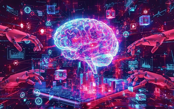 Werbeagentur Frese und Wolff, grafisches Element in Magentatötnen, das ein Gehirn zeigt, welches von Roboterhänden umgeben ist als Sinnbild für KI in der Werbung