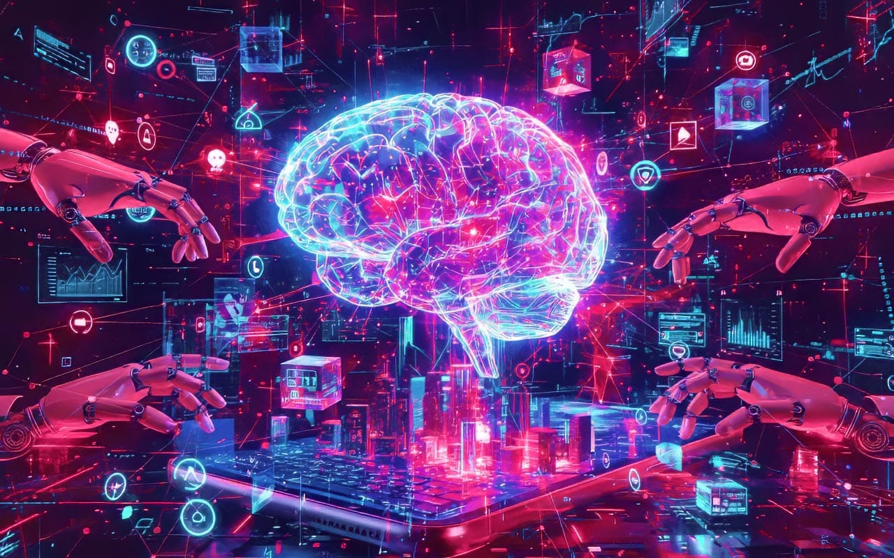 Werbeagentur Frese und Wolff, grafisches Element in Magentatötnen, das ein Gehirn zeigt, welches von Roboterhänden umgeben ist als Sinnbild für KI in der Werbung