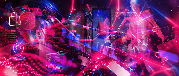Keyvisual zum Thema Trademarketing: Neonfarbene Bildkomposition mit Einkaufswagen, Einkaufstaschen, Früchten und Regalen, kombiniert mit leuchtenden Symbolen wie Herz, Standort-Pin und Liniengrafiken. Darstellung von Shopping, Konsum und Markenwelten in einer dynamischen, digitalen und energiegeladenen Atmosphäre