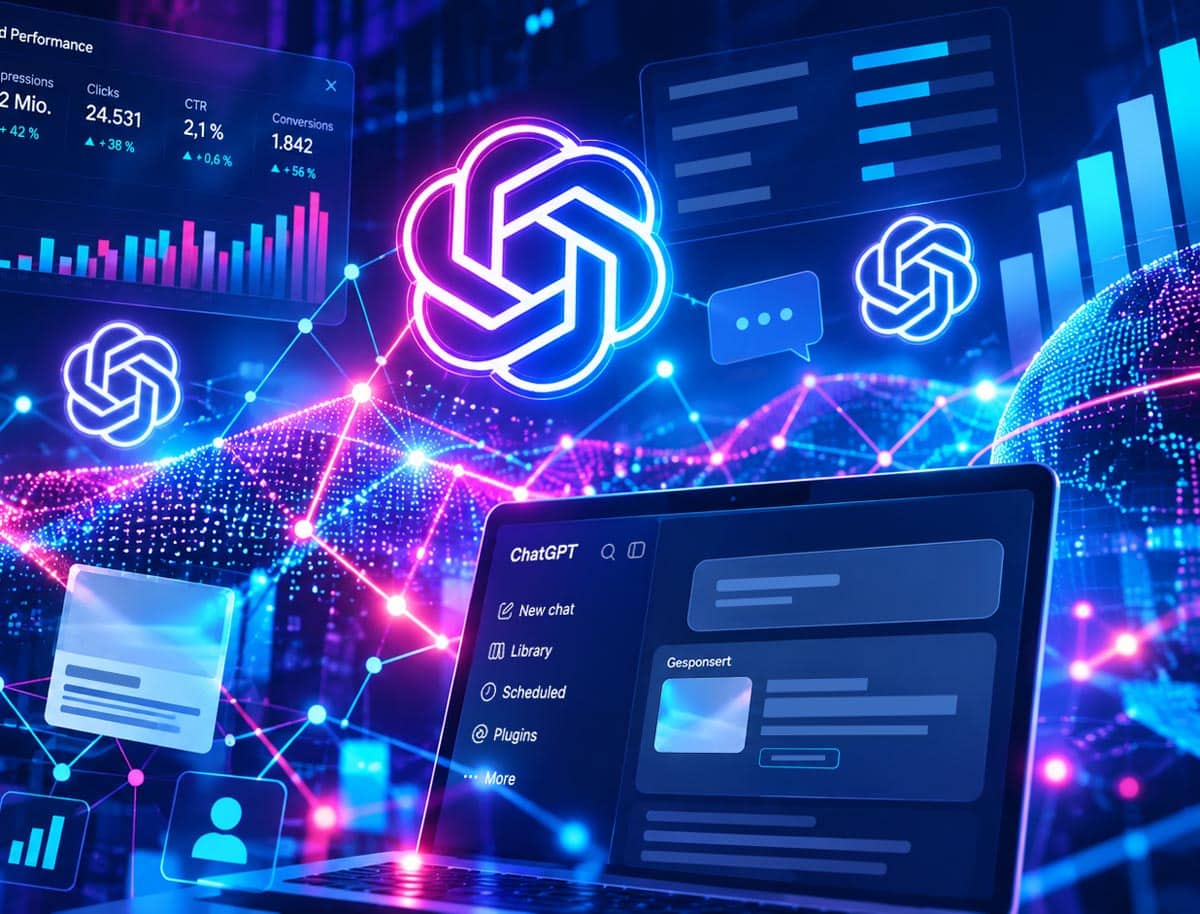 Visual zu ChatGPT Ads mit ChatGPT-Logo, Werbeanzeigen, Performance-Daten und digitalen Marketing-Elementen